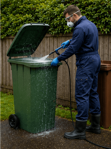 A wheelie bin being cleaned