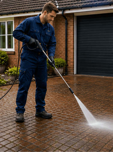 A residential driveway being cleaned