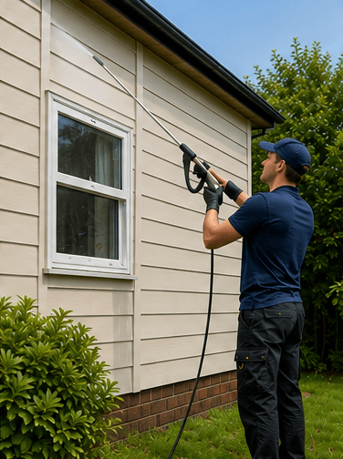 The exterior wall of a house being cleaned