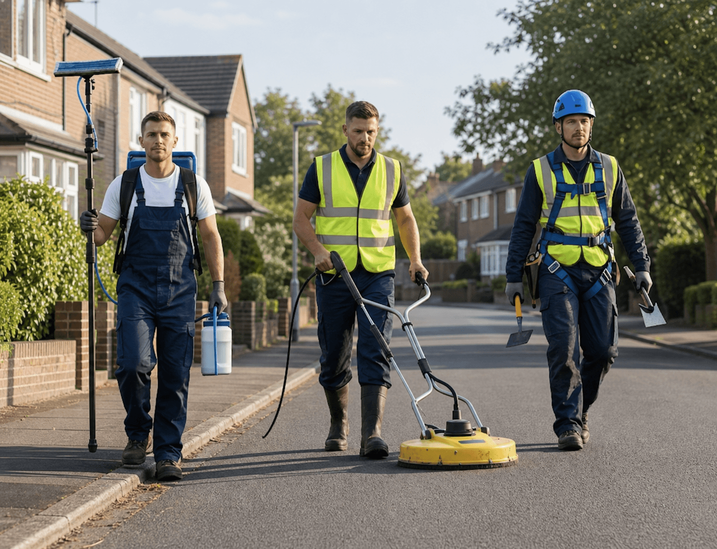 Three exterior-cleaning professionals carrying specialist equipment outdoors